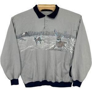 VTG 80s Women's Blue Art Unlimited Deer Buck Winter AOP Crewneck Sweatshirt 2XL